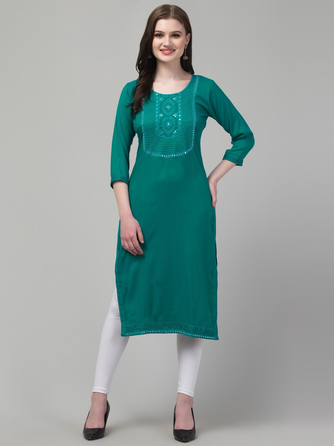 

Trend Level Yoke Design Thread Work Round Neck Straight Kurta, Sea green