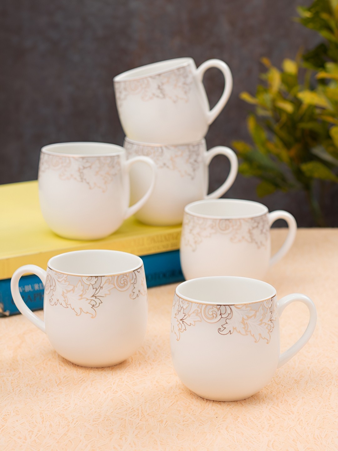 

JCPL White & Gold Toned 6 Pieces Printed Ceramic Glossy Tea Cups 200 ml Each