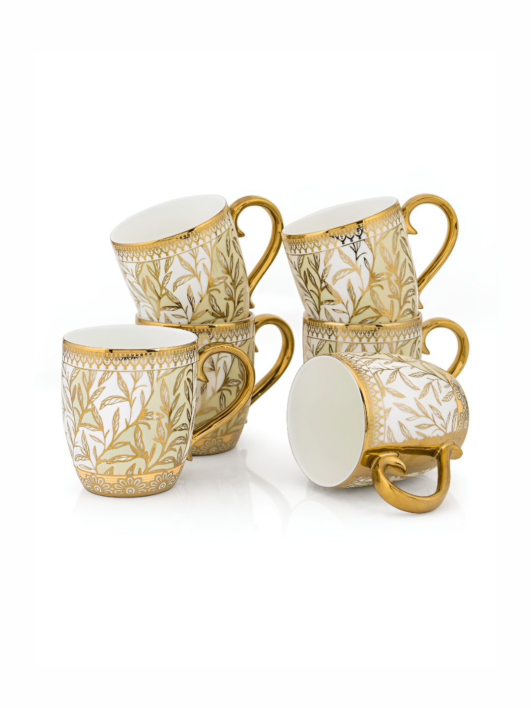 

JCPL White & Gold-Toned 6 Pieces Floral Printed Ceramic Glossy Cups 200 ml Each