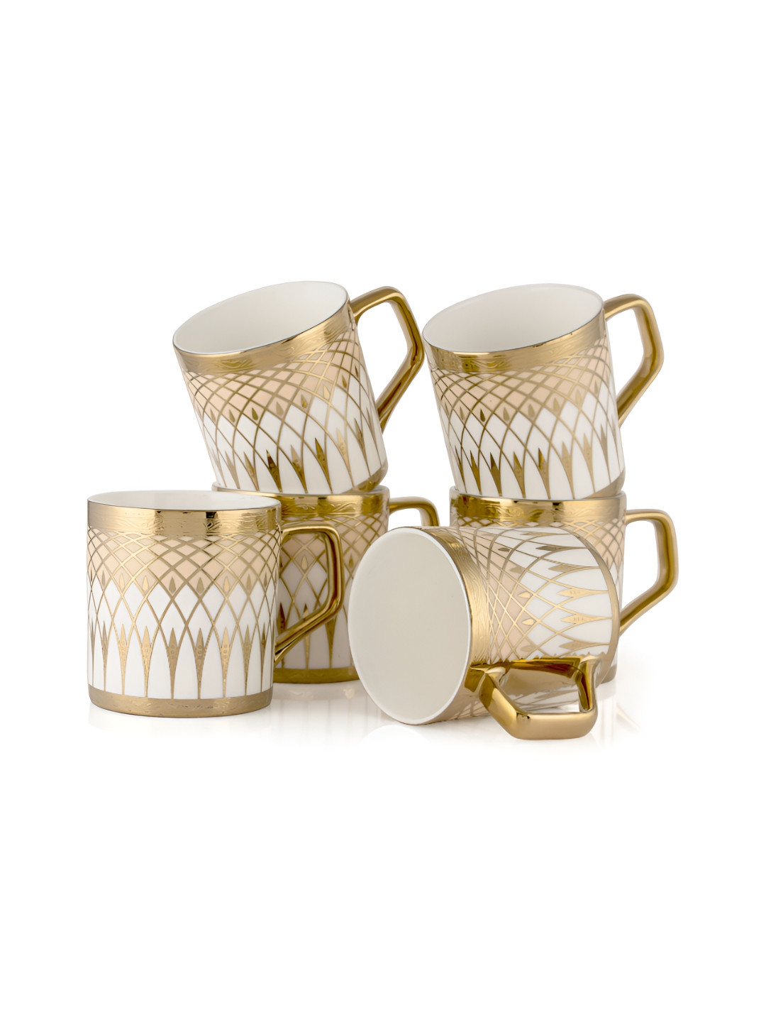 

JCPL White & Gold-Toned 6 Pieces Printed Ceramic Glossy Tea Cups 200 ml Each