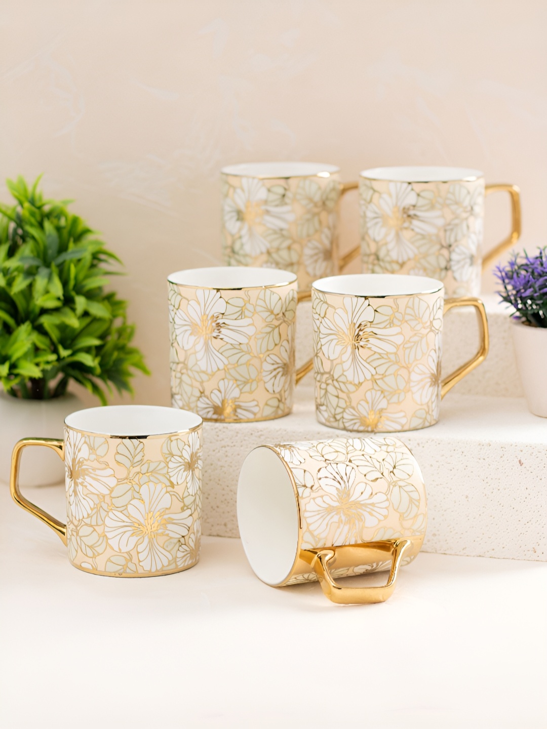 

JCPL White & Beige 6 Pieces Floral Printed Ceramic Glossy Tea Cups 200 ml Each