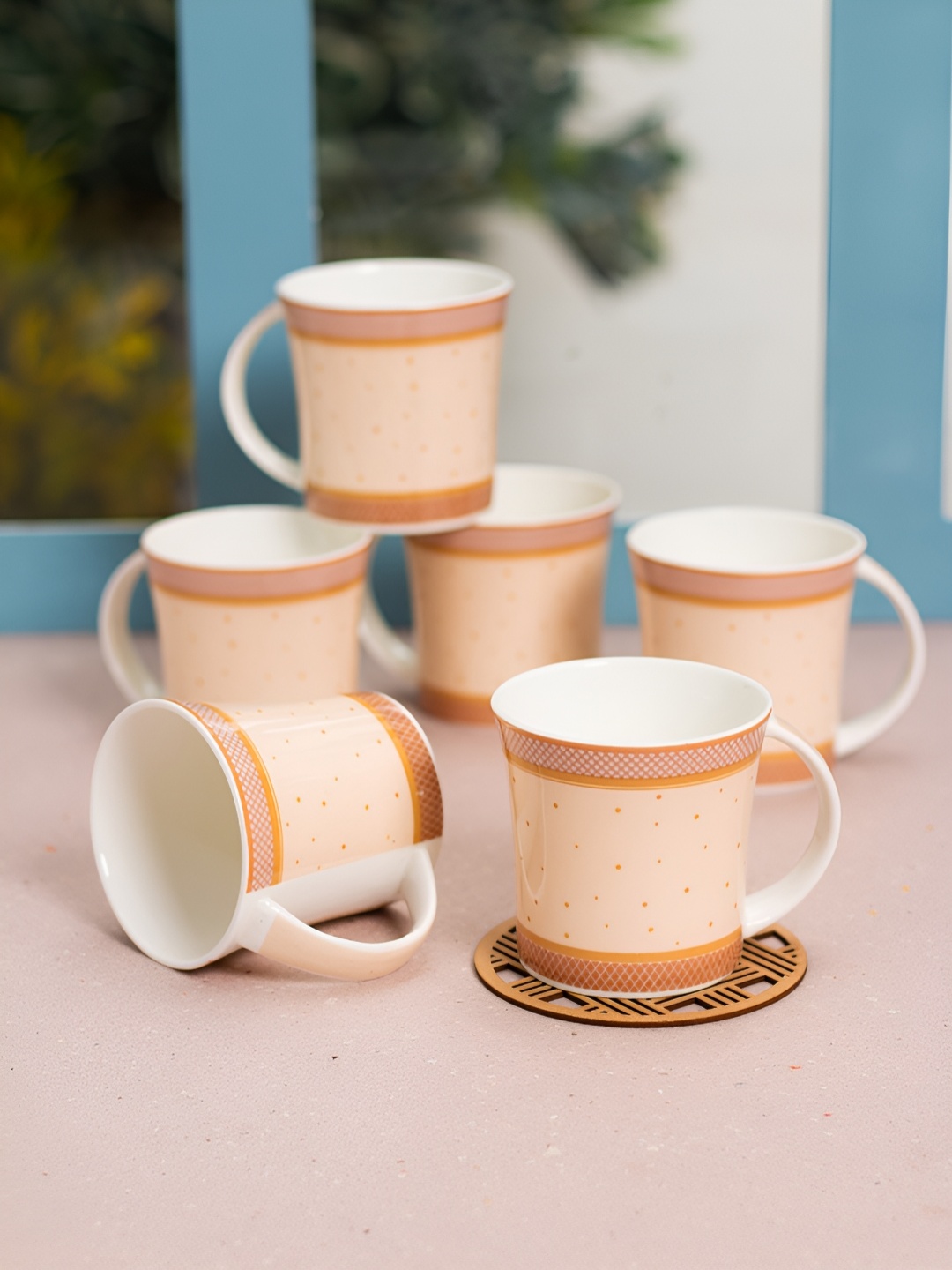 

JCPL White & Orange 6 Pieces Printed Ceramic Glossy Tea Cups 200 ml Each