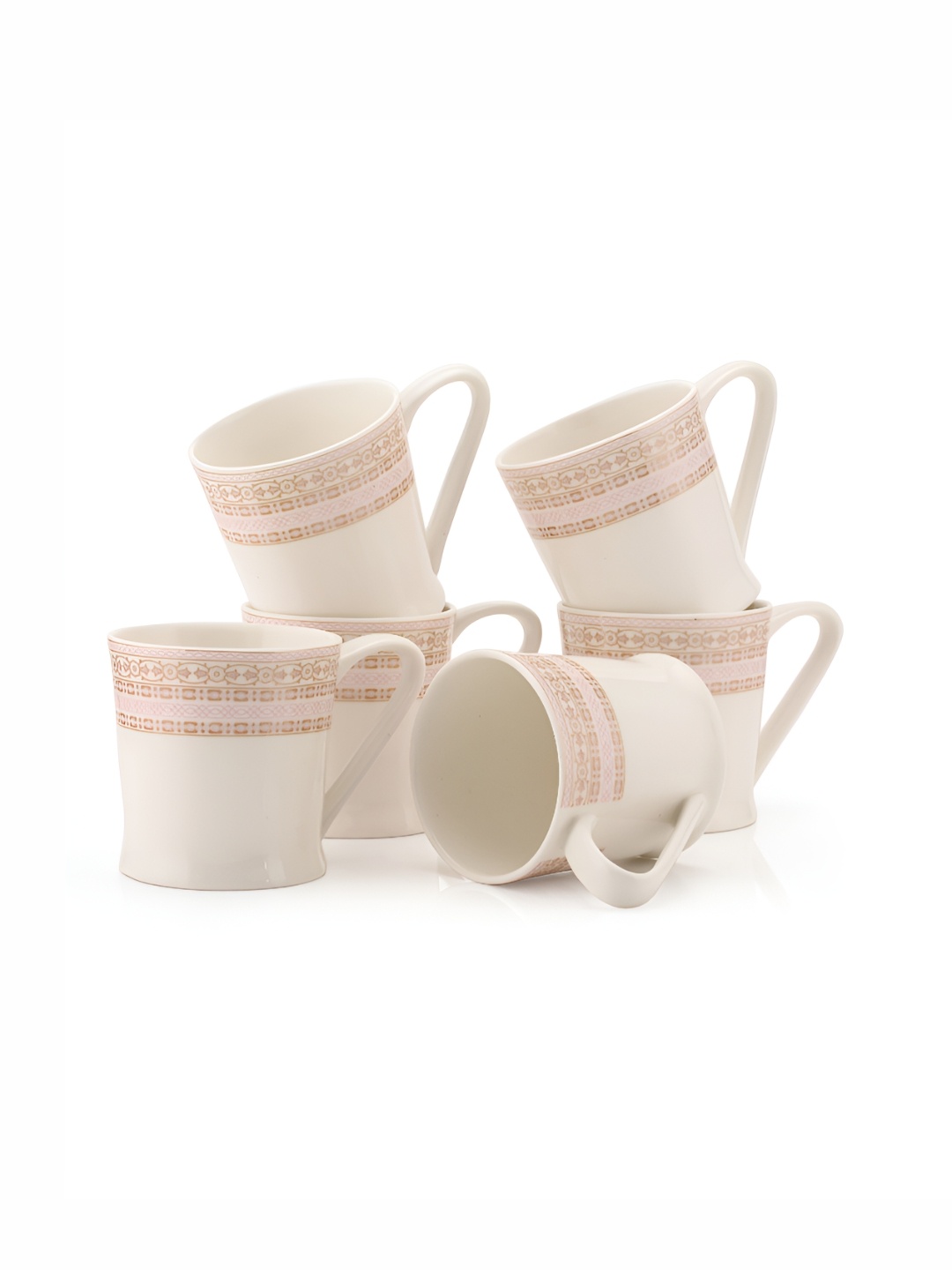 

JCPL White & Brown 6 Pieces Ethnic Motifs Printed Ceramic Glossy Tea Cups 200 ml Each