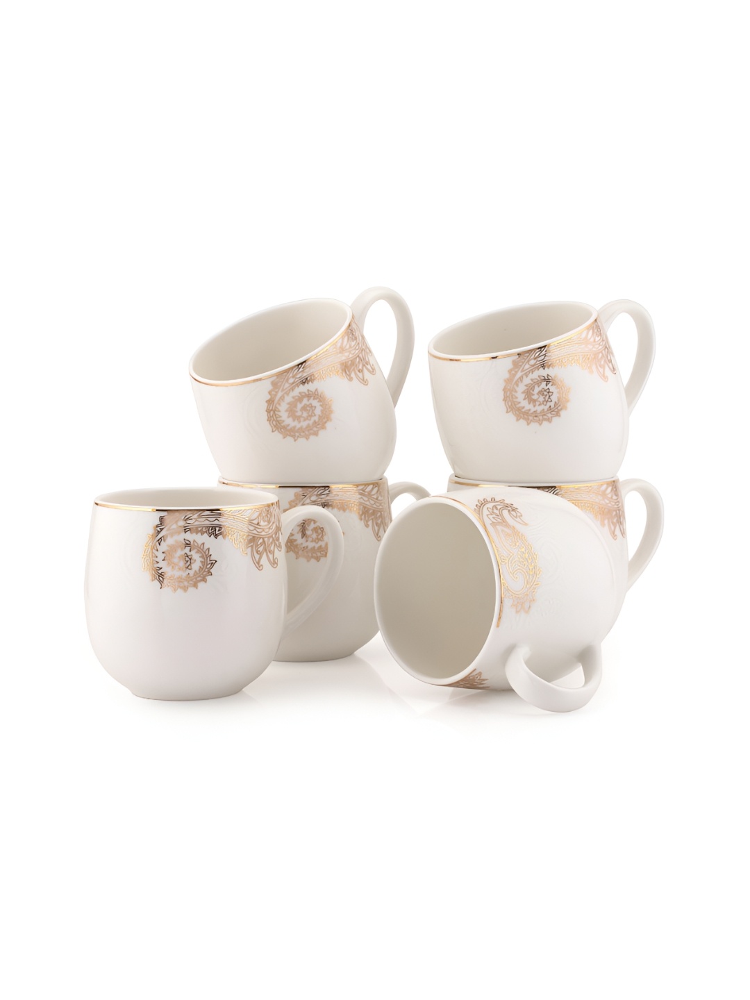 

JCPL White & Gold-Toned 6 Pieces Printed Ceramic Glossy Tea Cups 200 ml Each