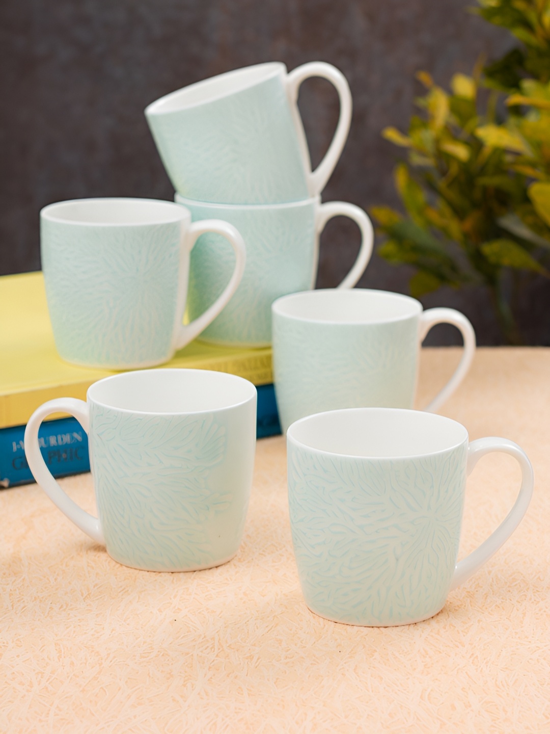 

JCPL White & Blue Printed 6 Pieces Ceramic Glossy Tea Cups 200 ml Each