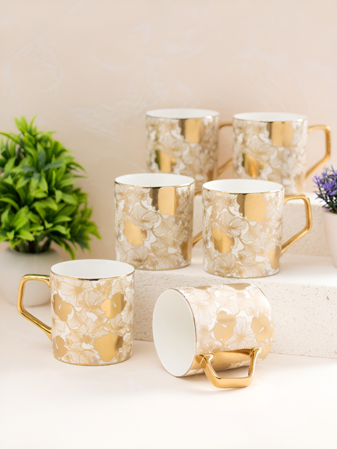 

JCPL White & Gold Toned 6 Pieces Floral Printed Ceramic Glossy Cups 200 ml Each