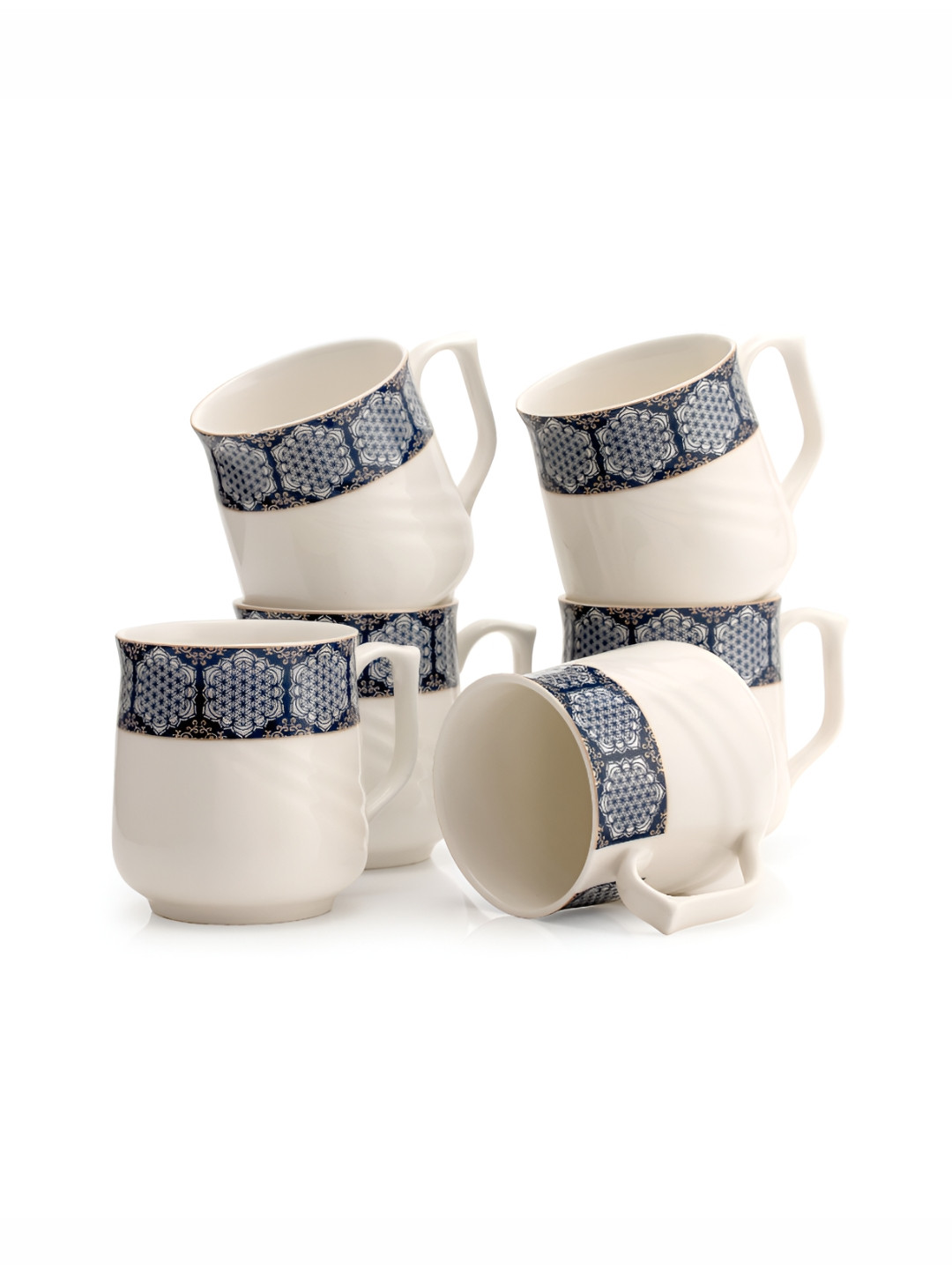 

JCPL White & Blue 6 Pieces Ethnic Motifs Printed Ceramic Glossy Cups 200 ml Each