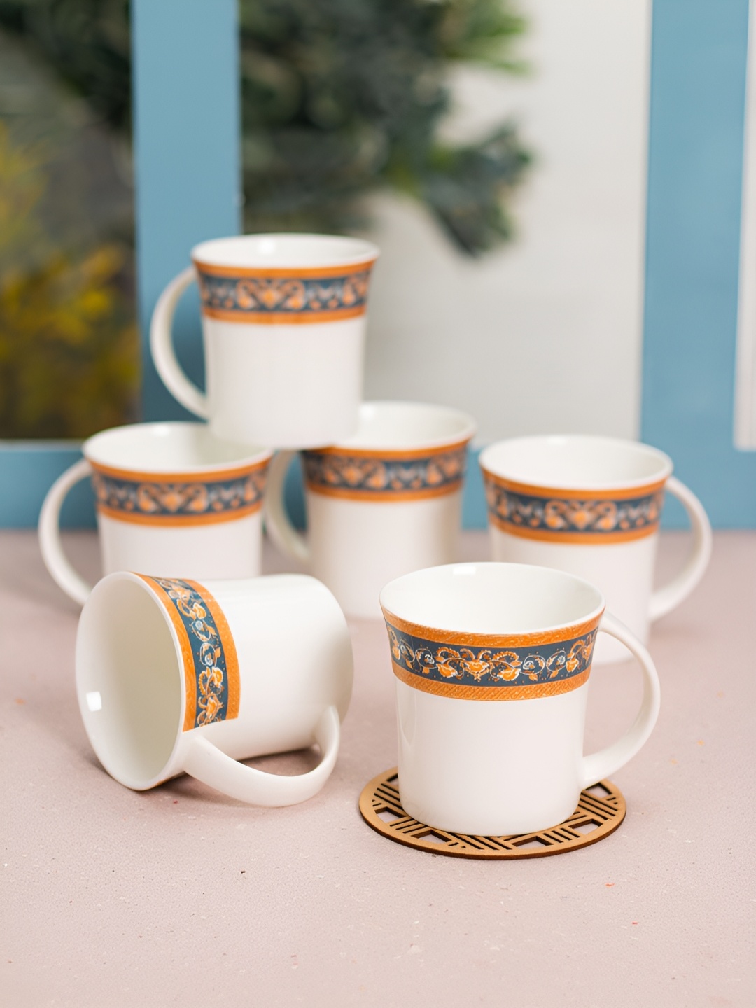 

JCPL White & Orange 6 Pieces Floral Printed Ceramic Glossy Cups 200 ml Each