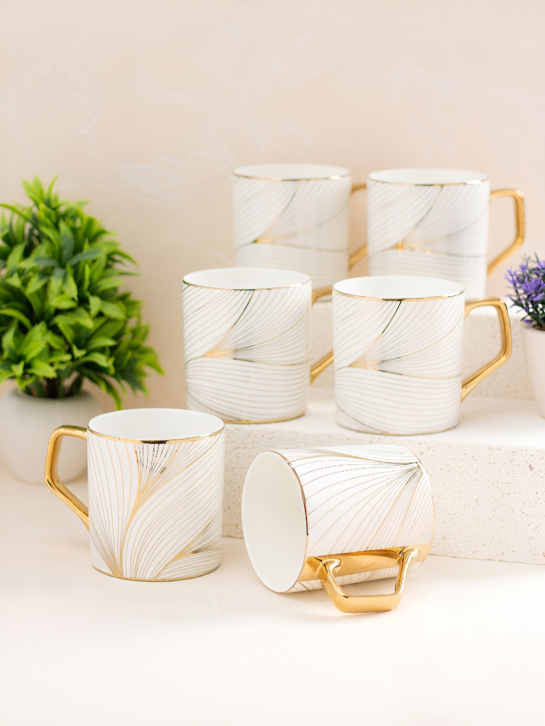 

JCPL White & Gold Toned 6 Pieces Printed Ceramic Glossy Cups 200 ml Each