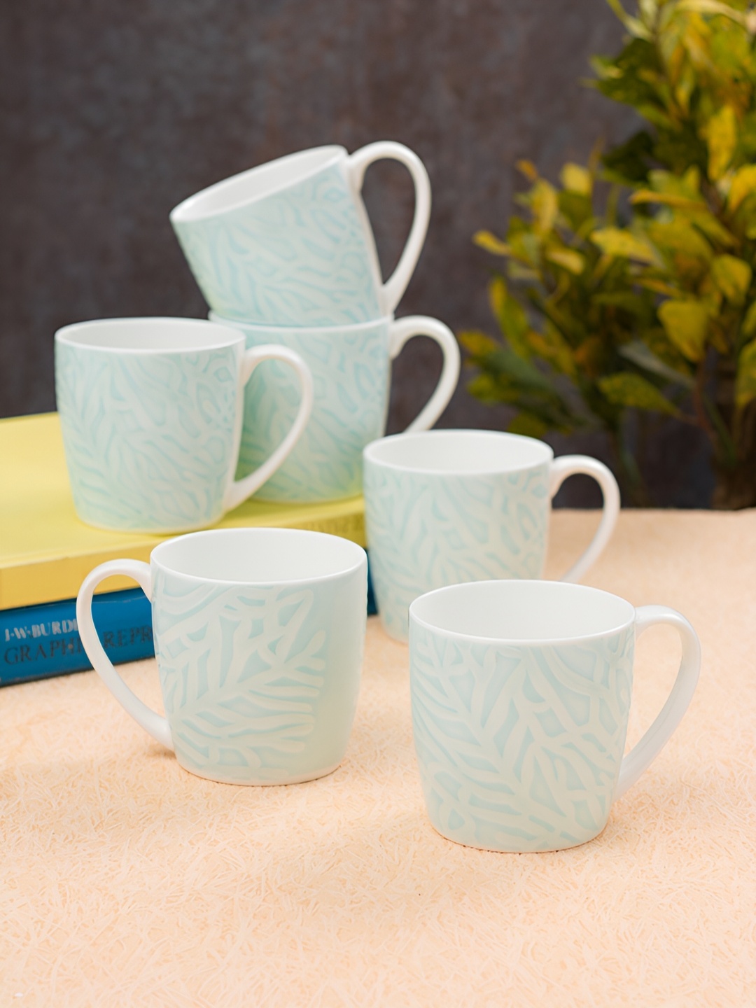 

JCPL White & Blue 6 Pieces Printed Ceramic Glossy Cups 200 ml Each