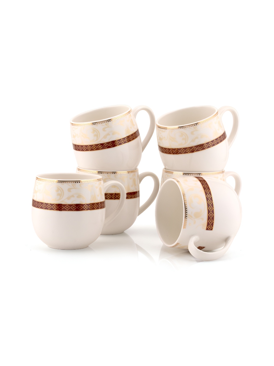 

JCPL White & Gold-Toned 6 Pieces Printed Ceramic Glossy Cups 200 ml Each