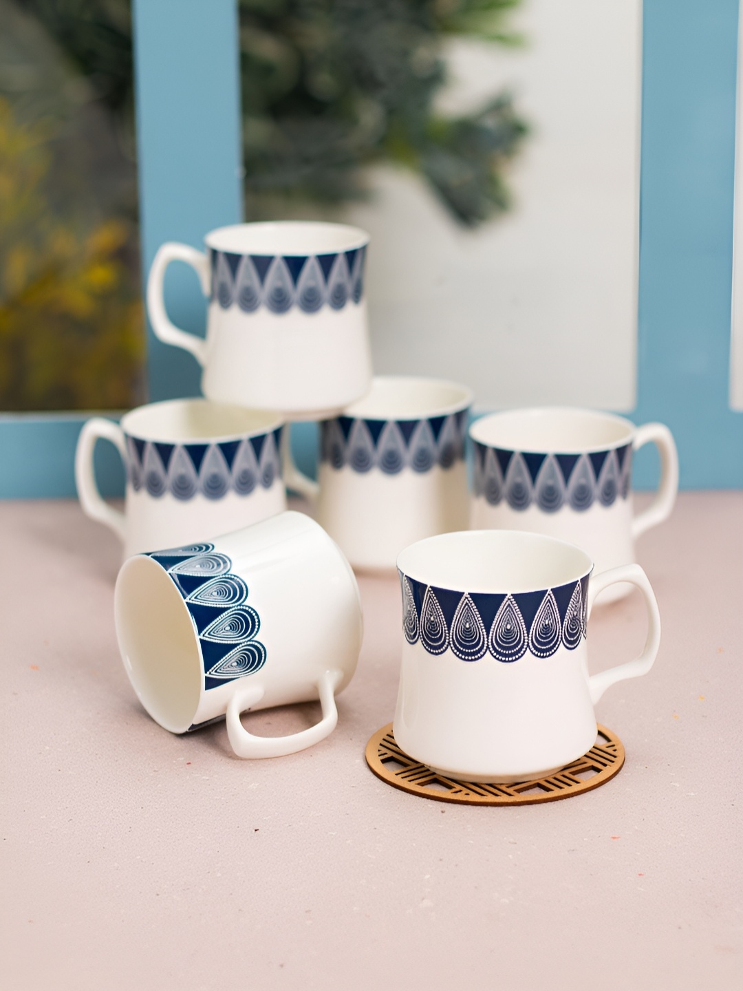 

JCPL White & Blue 6 Pieces Printed Ceramic Glossy Cups 200 ml Each