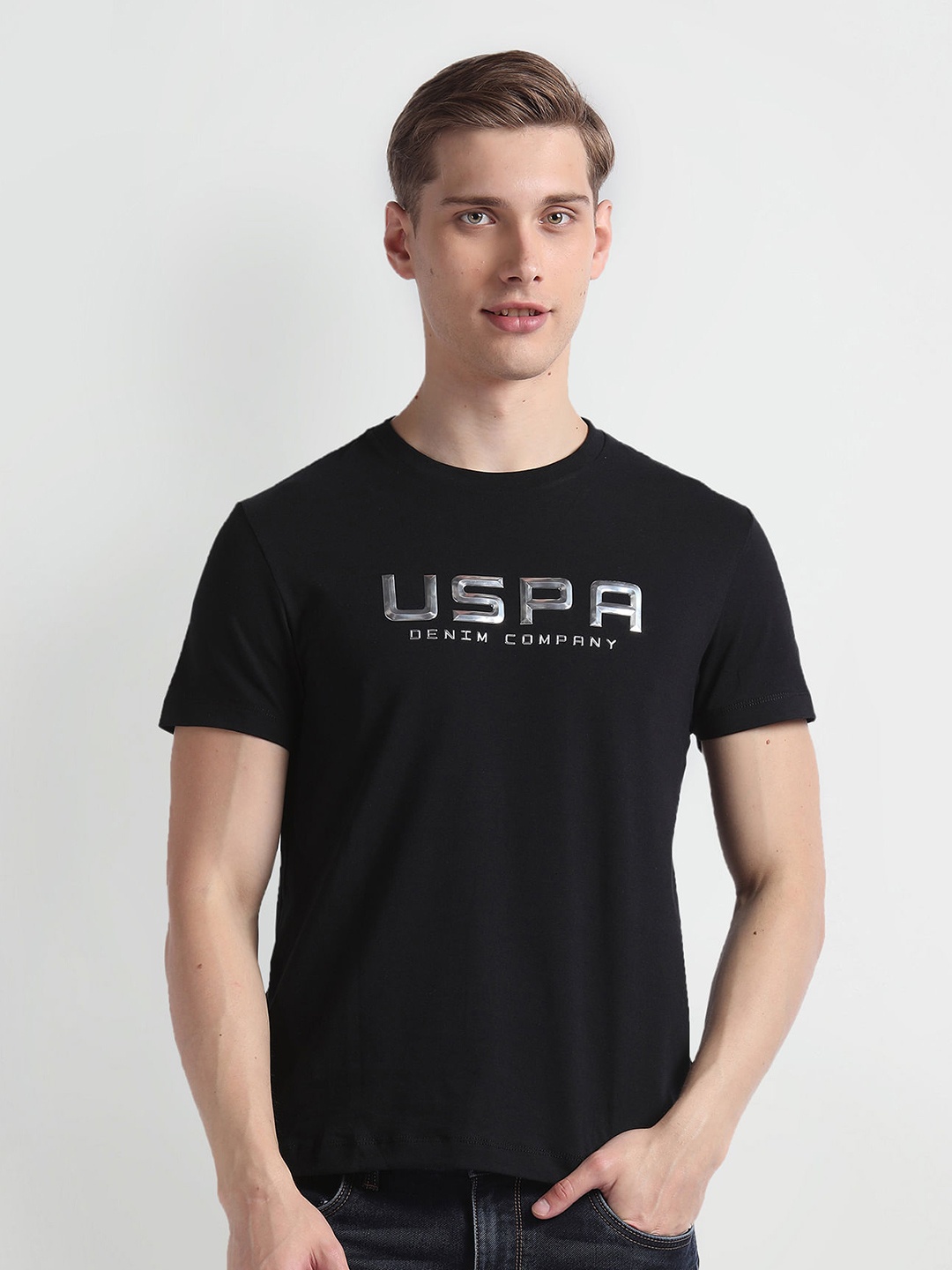 U.S. Polo Assn. Denim Co. Short Sleeves Cotton Typography Printed Applique Slim Fit T-shirt, Black