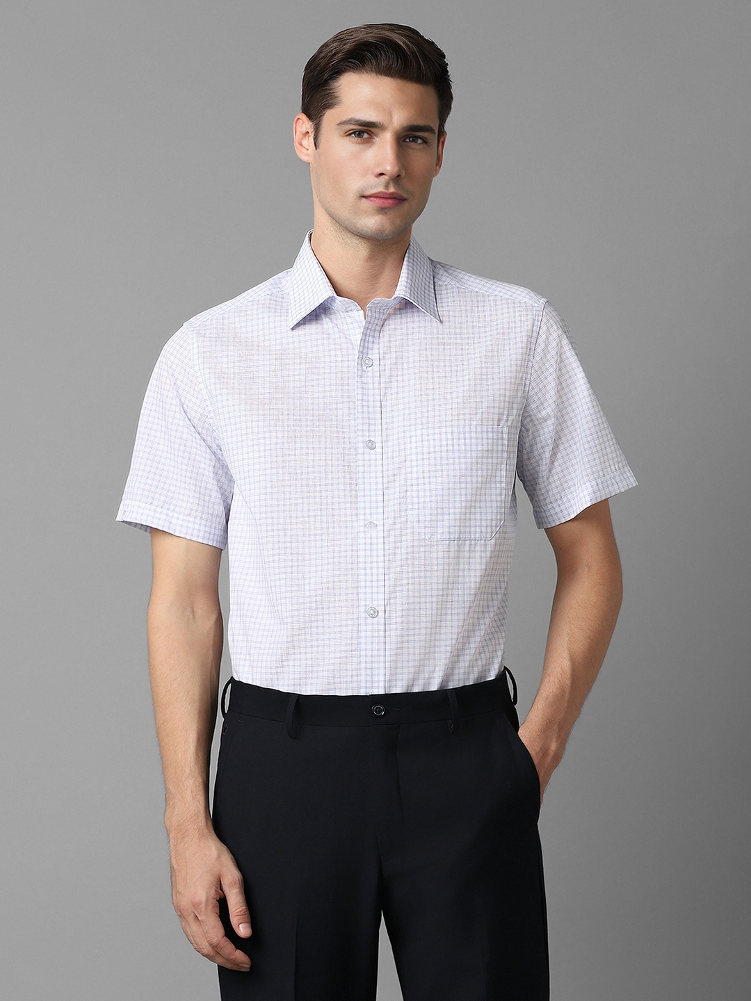 

Louis Philippe Checked Spread Collar Short Sleeves Cotton Formal Shirt, White