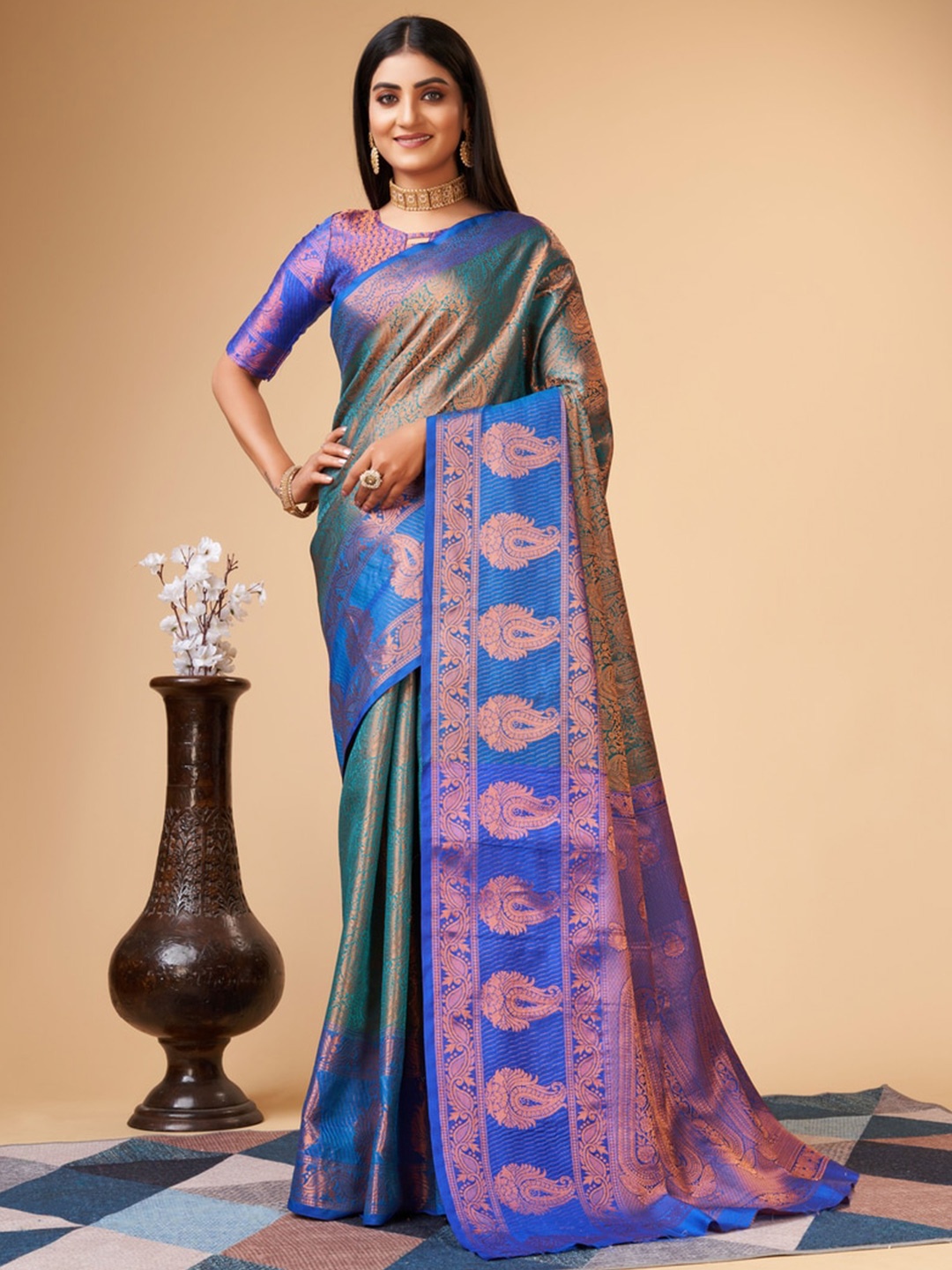 

Fospy Ethnic Woven Design Zari Pure Silk Banarasi Saree, Sea green