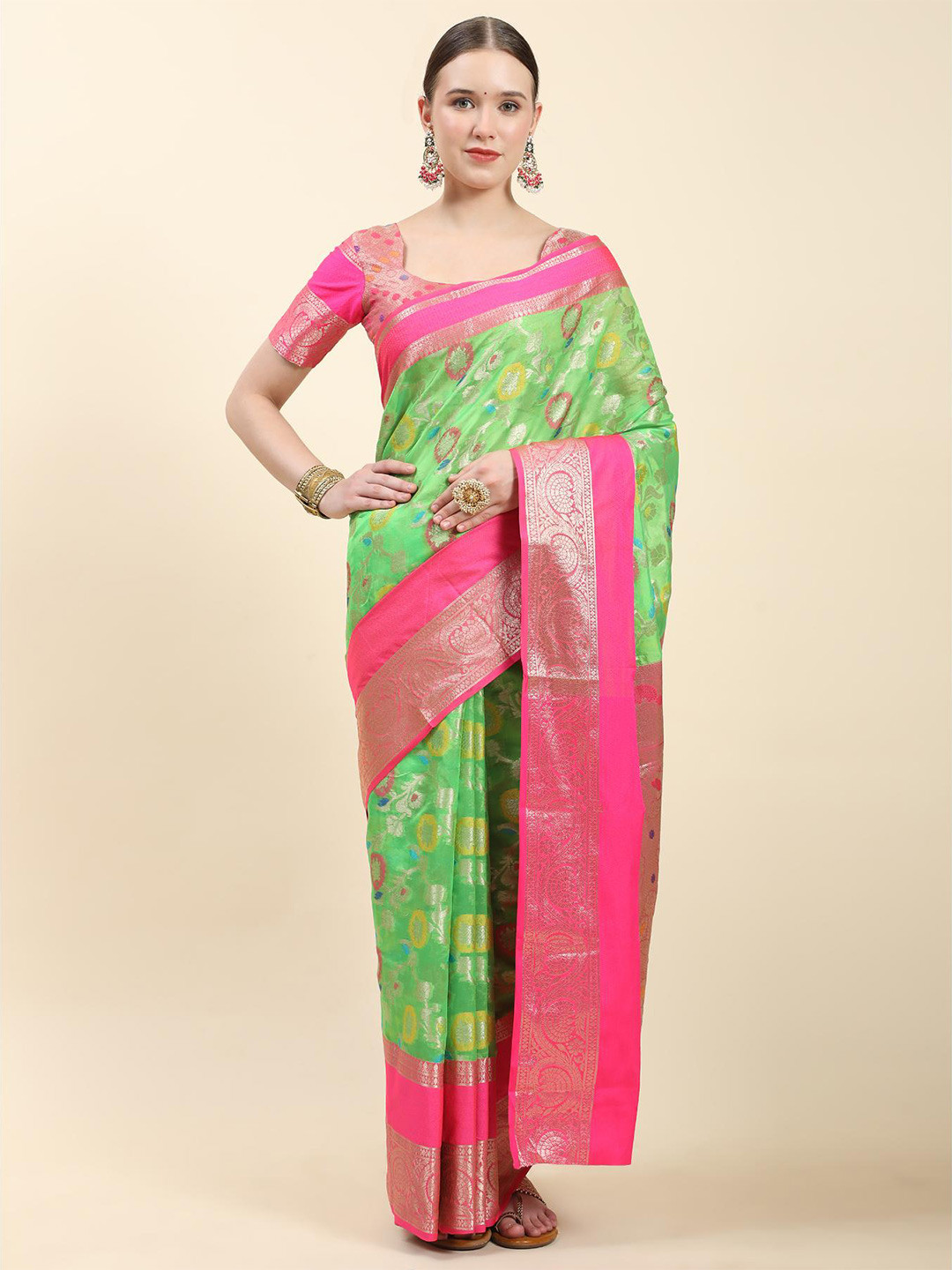 

Fospy Woven Design Zari Pure Silk Banarasi Saree, Green