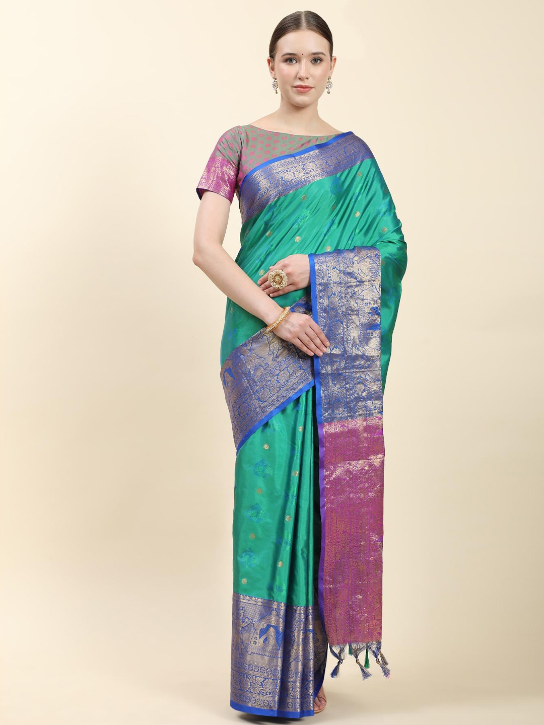 

Fospy Ethnic Woven Design Zari Pure Silk Banarasi Saree, Sea green