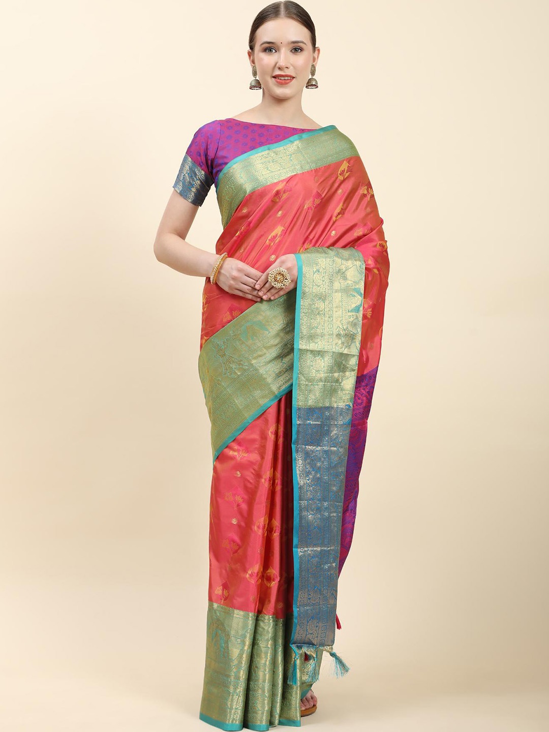 

Fospy Woven Design Zari Pure Silk Banarasi Saree, Red