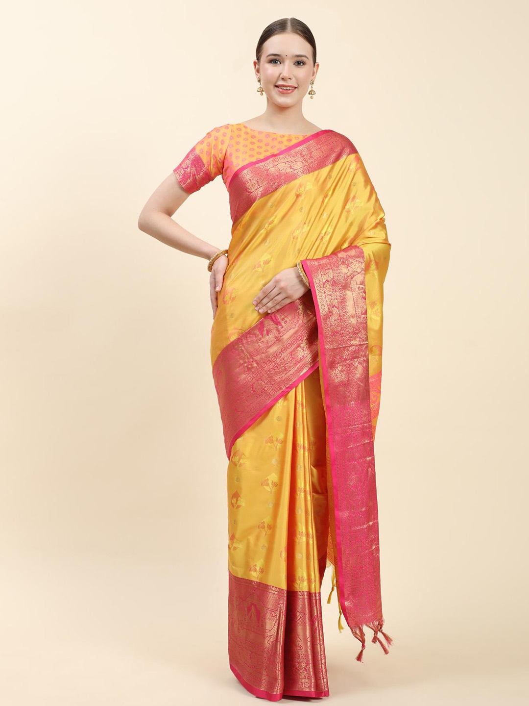 

Fospy Ethnic Woven Design Zari Pure Silk Banarasi Saree, Pink