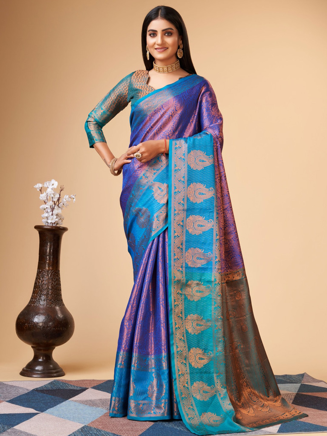

Fospy Ethnic Woven Design Zari Pure Silk Banarasi Saree, Blue