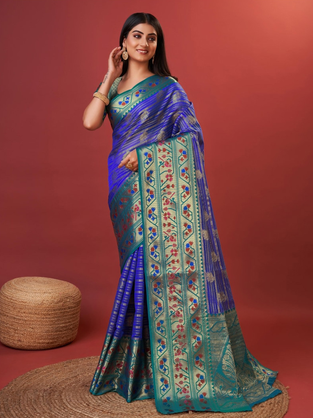 

Fospy Ethnic Woven Design Zari Pure Silk Banarasi Saree, Blue