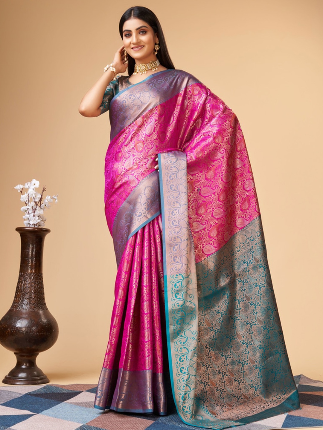 

Fospy Ethnic Woven Design Zari Pure Silk Banarasi Saree, Pink