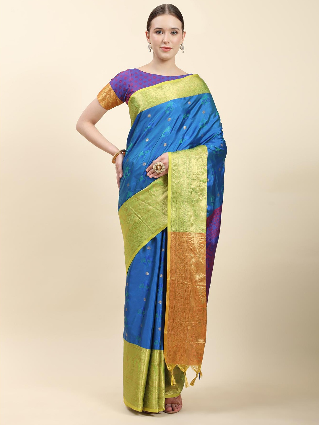 

Fospy Ethnic Wovn Design Zari Pure Silk Banarasi Saree With Tassels, Blue