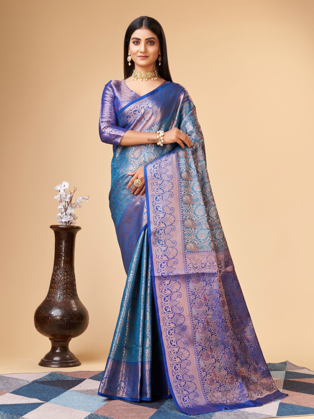 

Fospy Ethnic Woven Design Zari Pure Silk Banarasi Saree, Blue