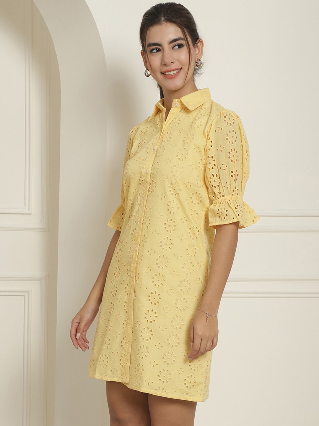 

Indian Needle Geometric Embroidered Cotton Schiffli A-Line Dress, Yellow