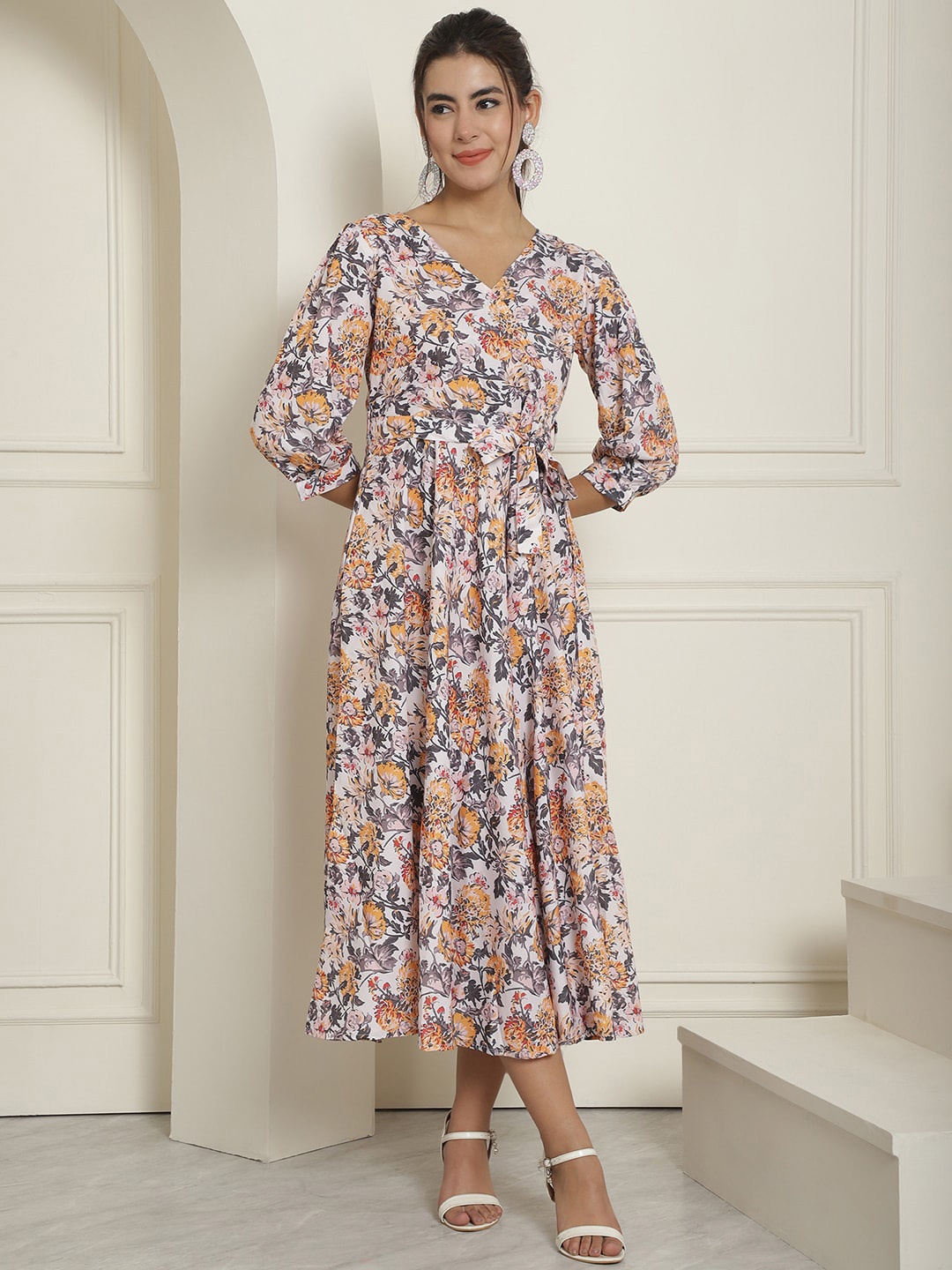 

Indian Needle Floral Printed Wrap A-Line Maxi Dress With Belt, White