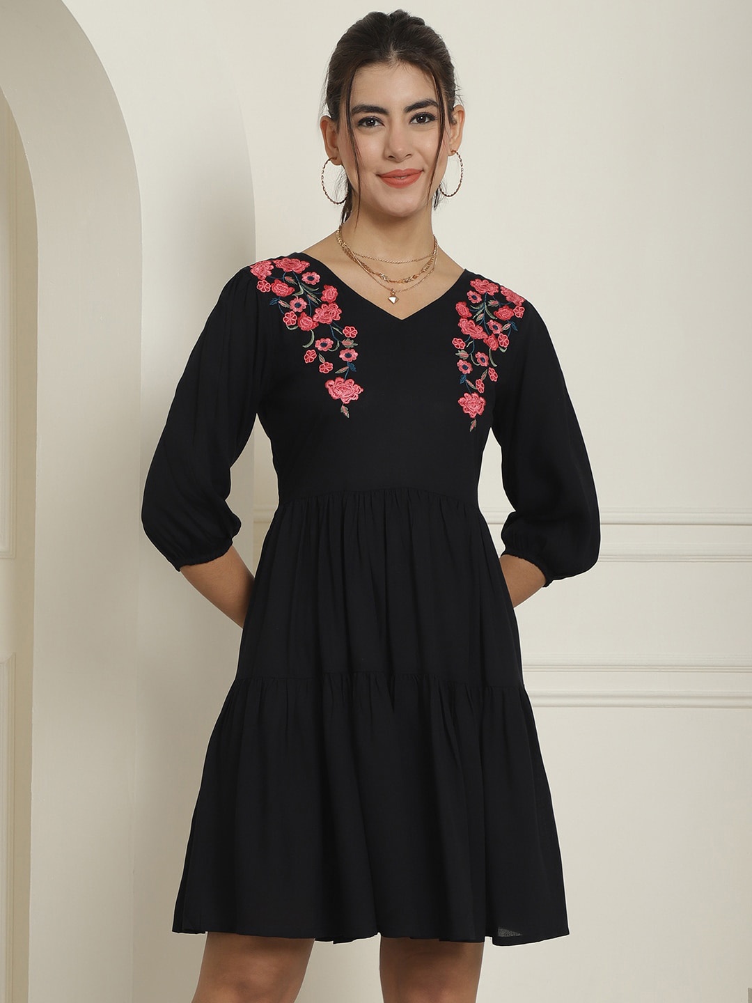 

Indian Needle Floral Embroidered V-Neck A-Line Dress, Black