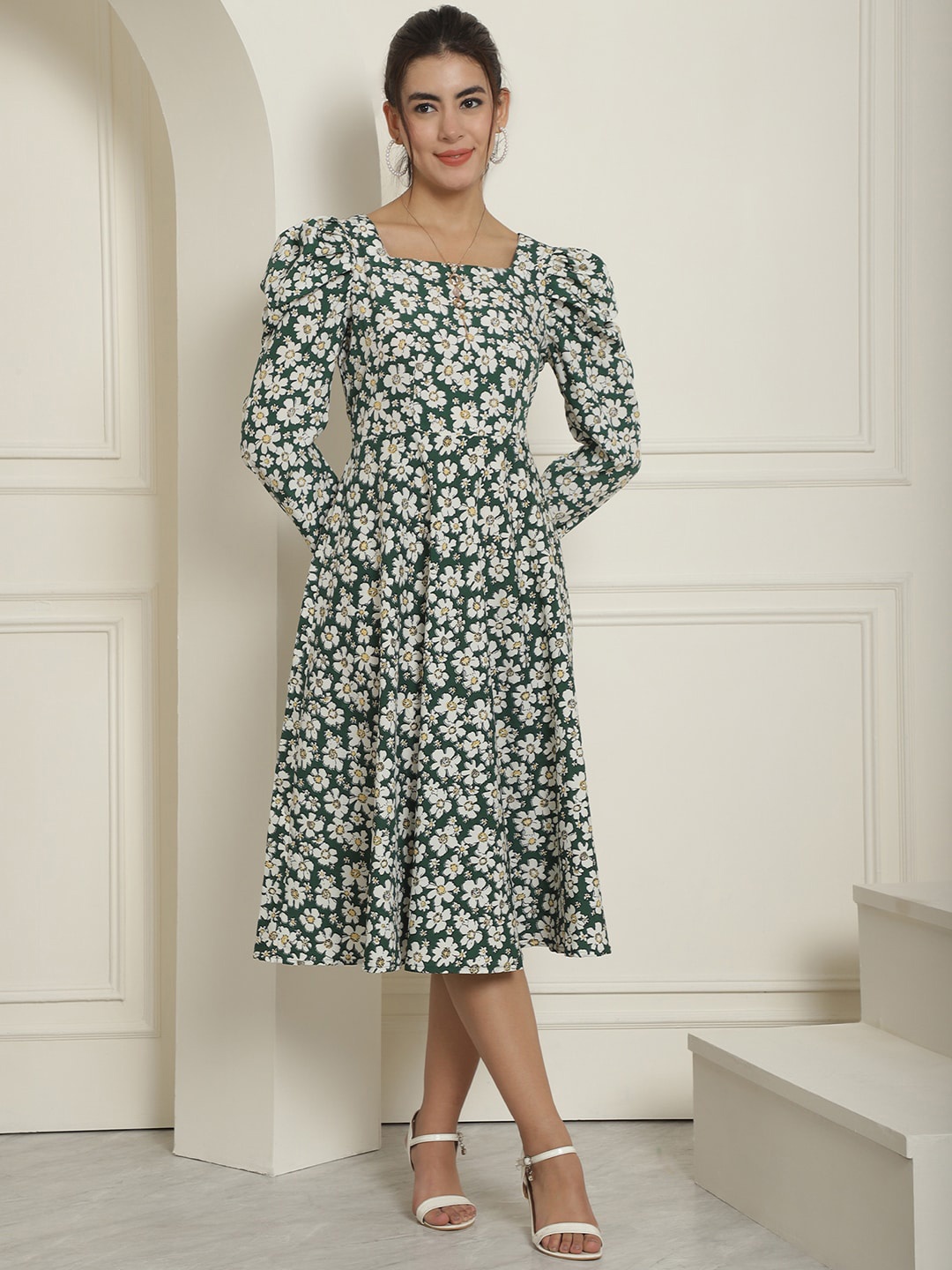 

Indian Needle Floral Printed Square Neck Fit And Flare Midi Dress, Green