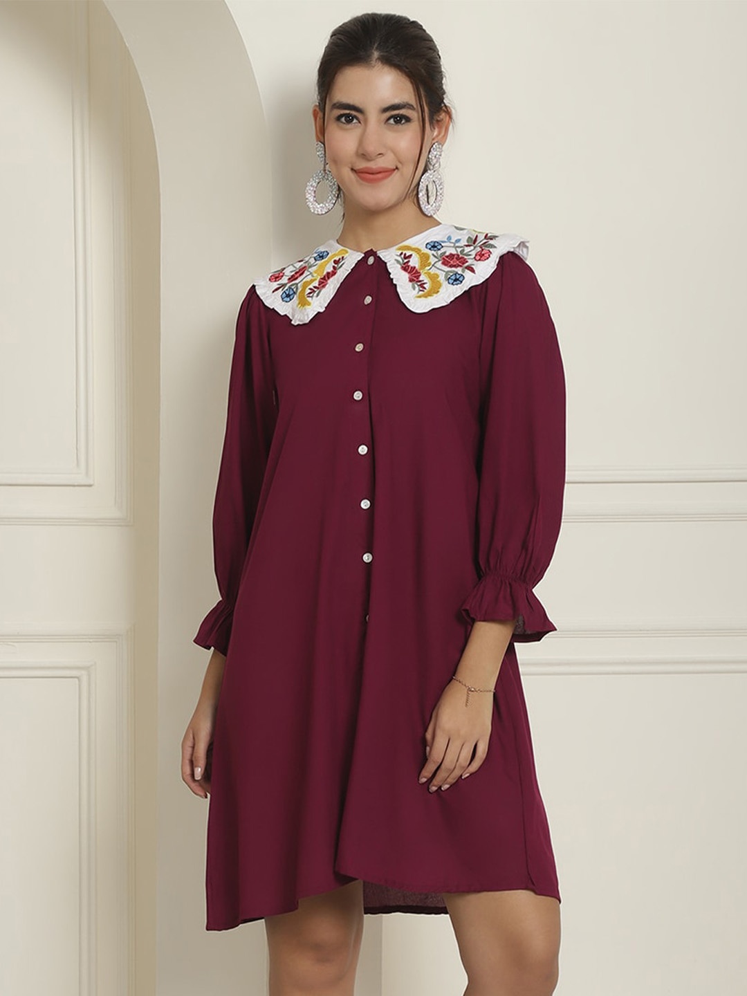 

Indian Needle Floral Embroidered Peter Pan Collar A-Line Dress, Maroon