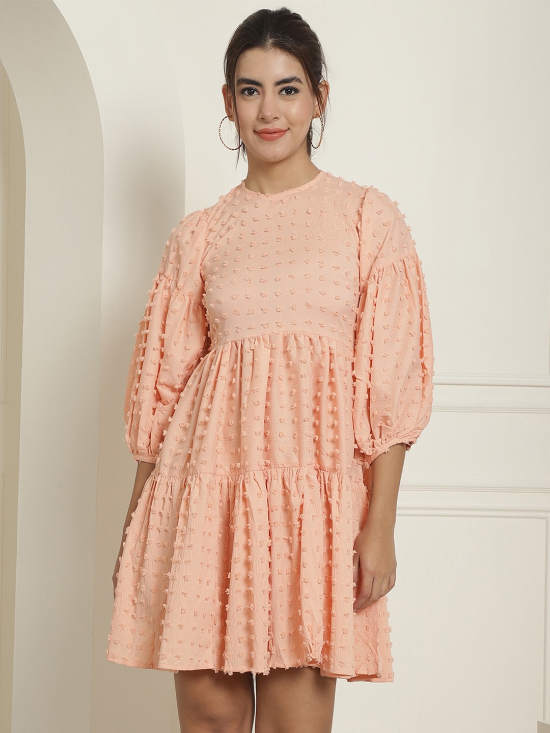 

Indian Needle Self Design Puff Sleeve Georgette Tiered Midi Dress, Peach