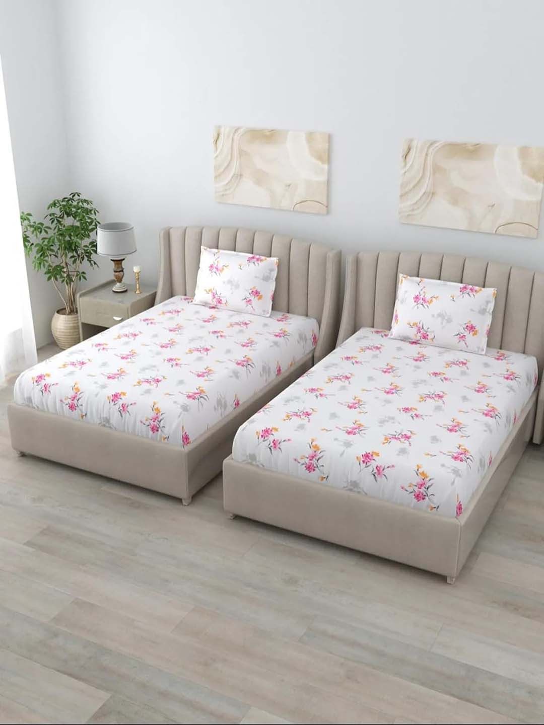 

BOMBAY DYEING White & Pink Floral Cotton 180 TC 2 Single Bedsheet With 2 Pillow Covers