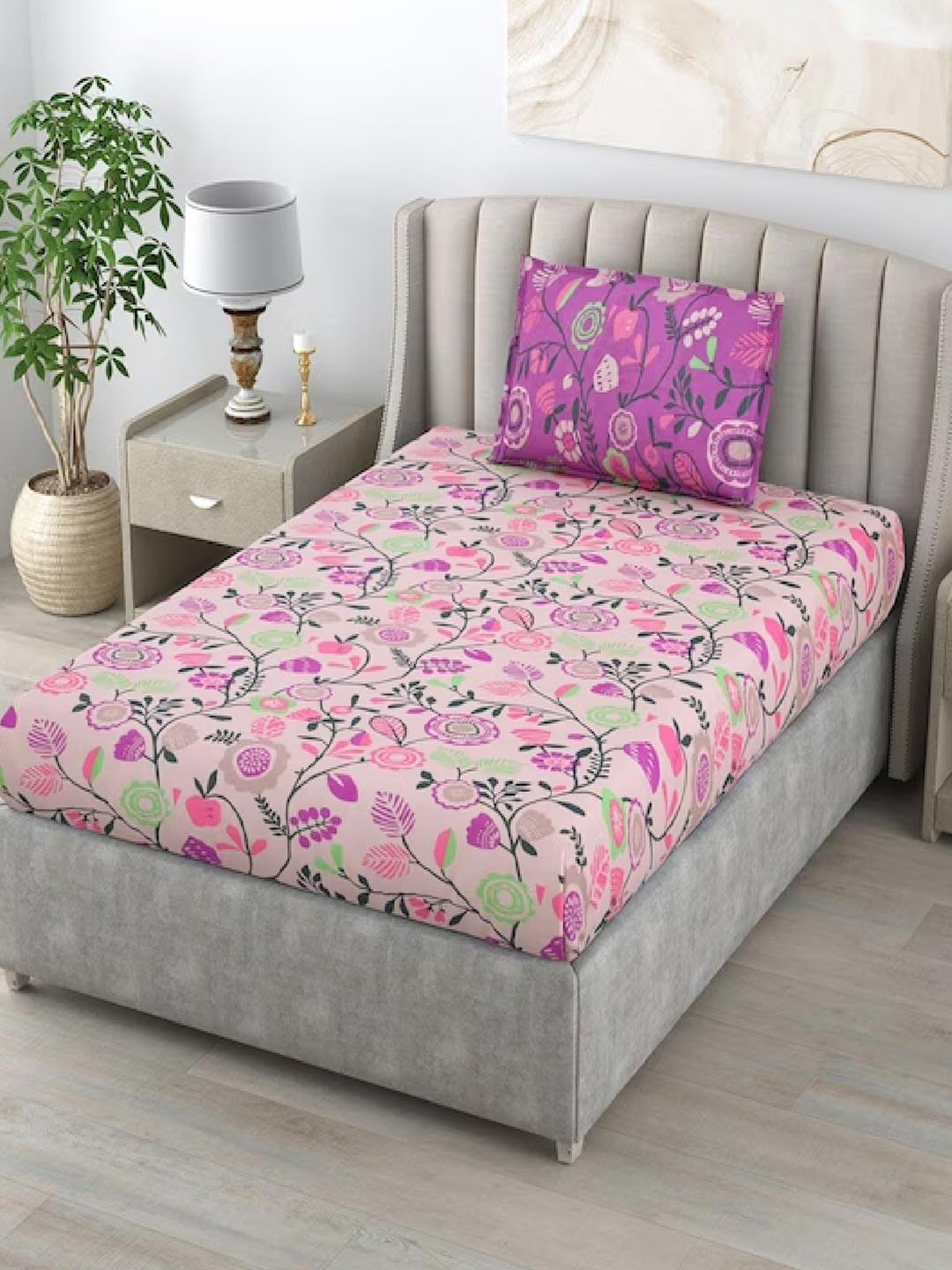 

BOMBAY DYEING Purple & Green Floral Cotton 104 TC Single Bedsheet with 1 Pillow Cover