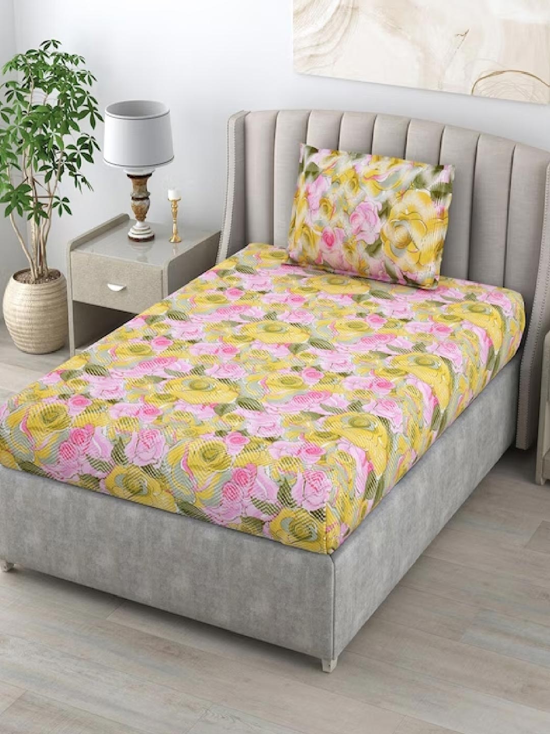 

BOMBAY DYEING Blumen Pink & Green Floral 104 TC Single Cotton Bedsheet & Pillow Cover