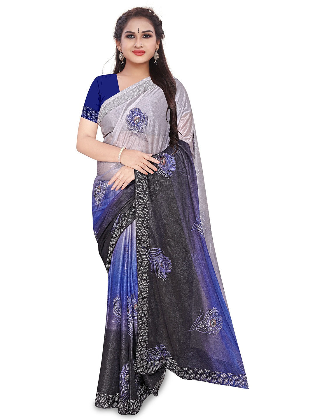 

AVIMOZ Ethnic Motifs Embellished Saree, Navy blue