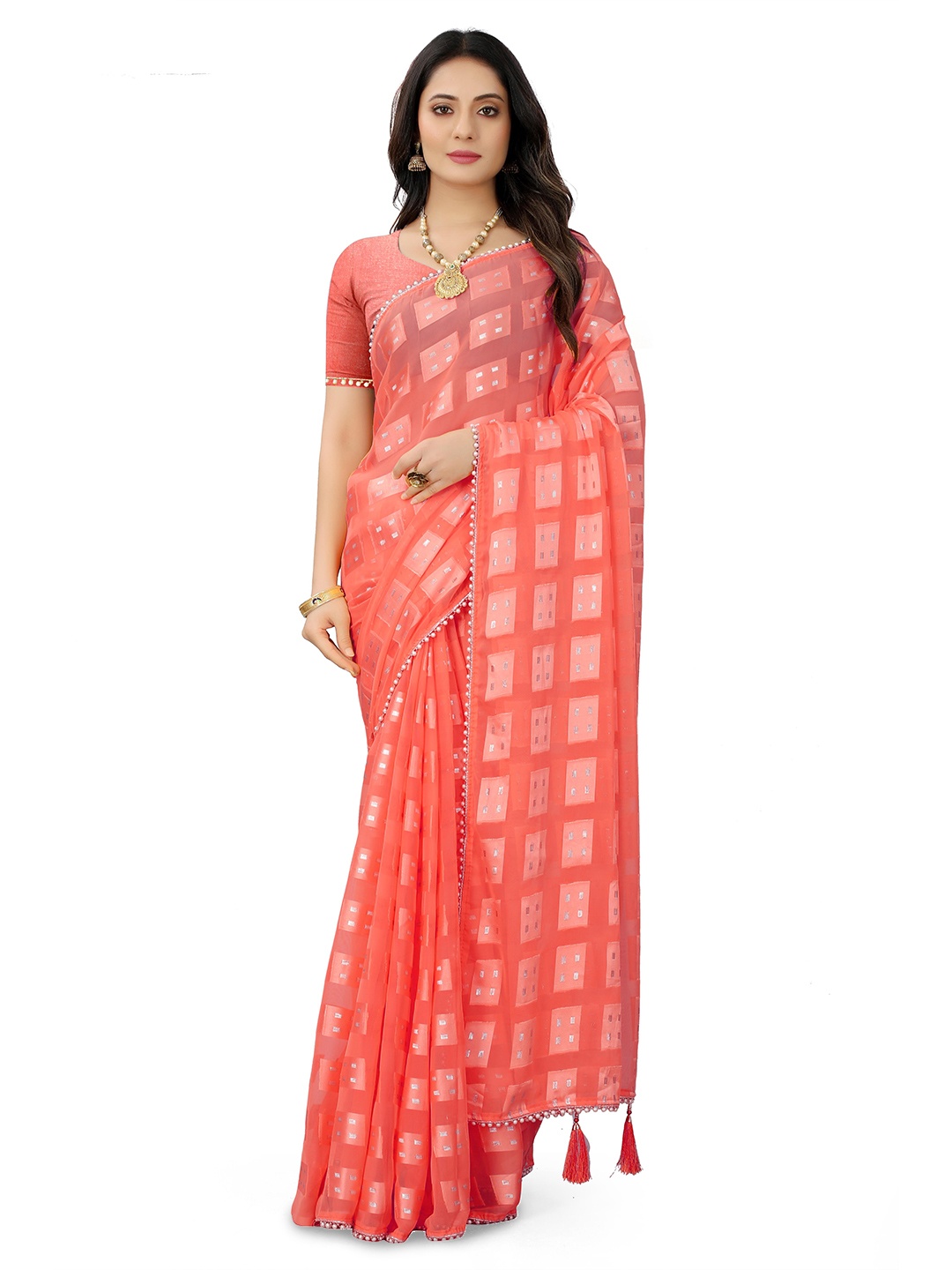 

AVIMOZ Geometric Woven Design Beads & Stones Pure Silk Saree, Rose