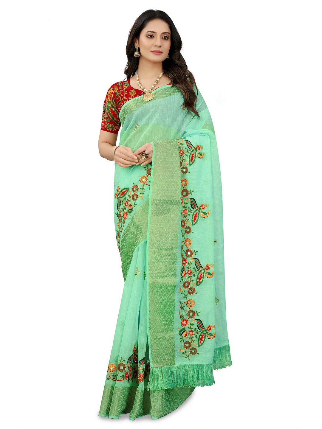 

AVIMOZ Embellished Woven Design Zari Saree, Green