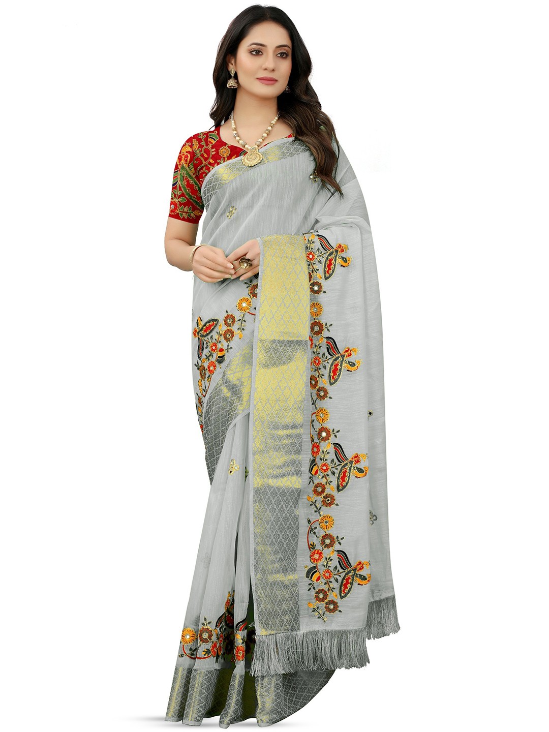 

AVIMOZ Ethnic Motifs Embroidered Zari Saree, Grey