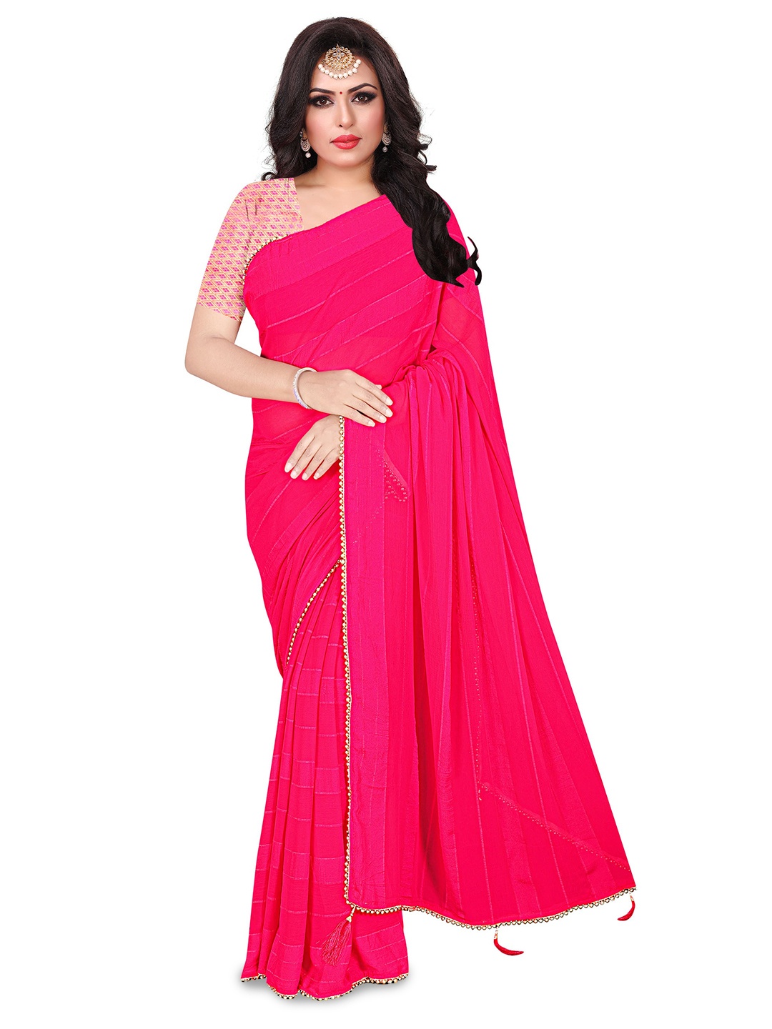 

AVIMOZ Striped Beads & Stones Pure Silk Saree, Pink