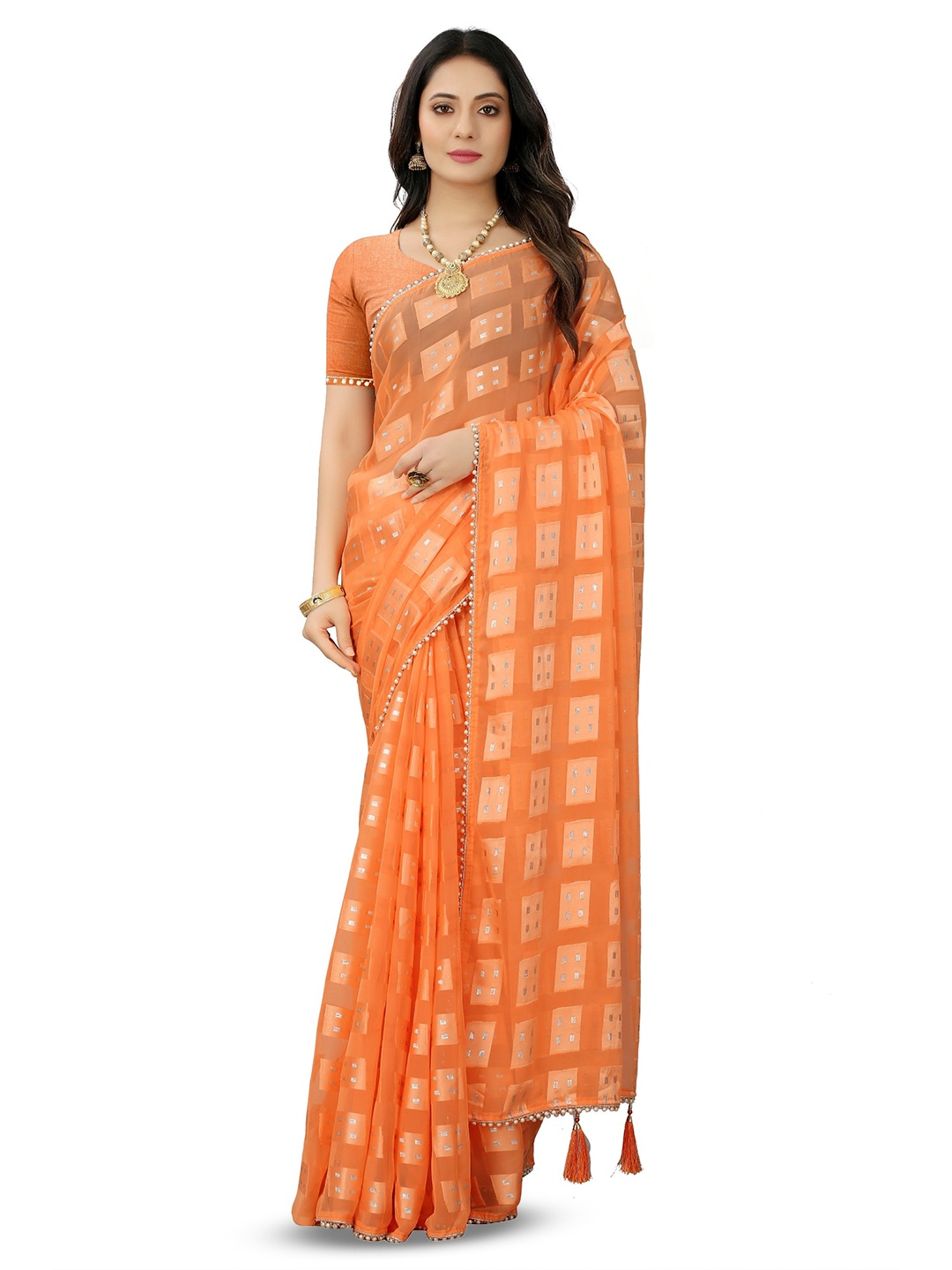 

AVIMOZ Embellished Woven Design Beads and Stones Pure Silk Saree, Orange