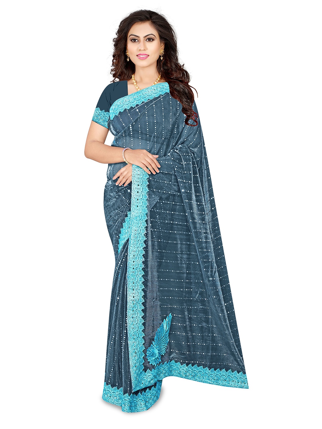 

AVIMOZ Embellished Beads & Stones Saree, Turquoise blue