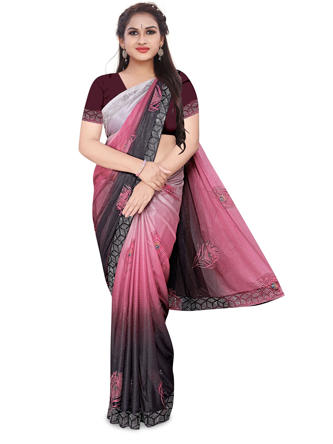 

AVIMOZ Ethnic Motifs Beads and Stones Saree, Rose