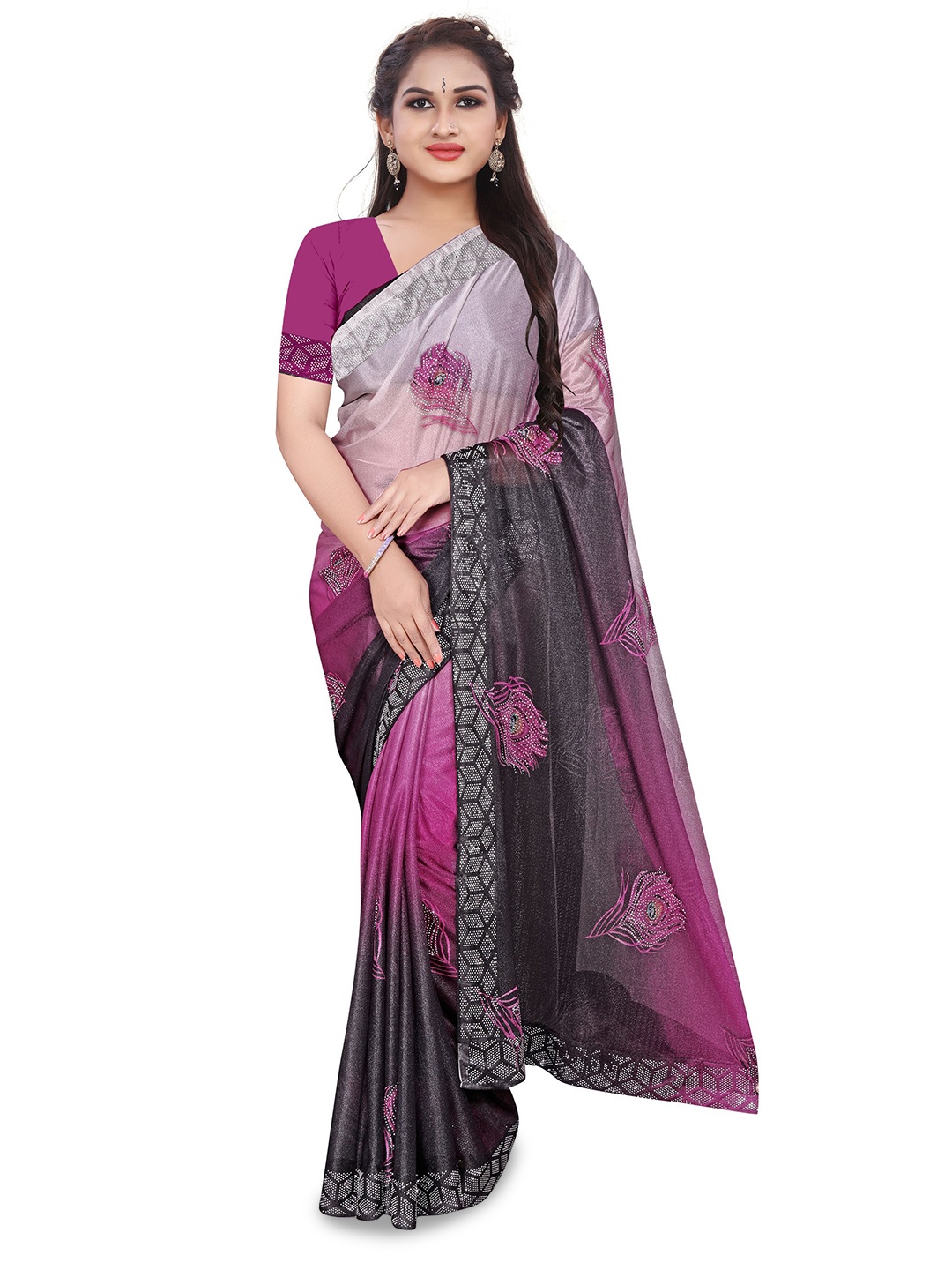 

AVIMOZ Geometric Embellished Beads and Stones Saree, Purple