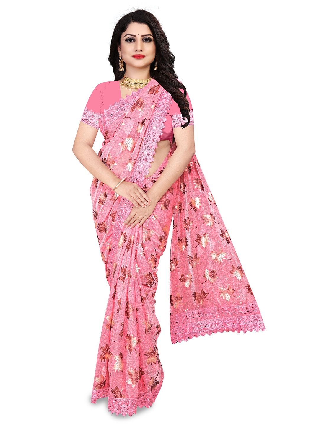 

AVIMOZ Floral Printed Mirror Work Saree, Rose
