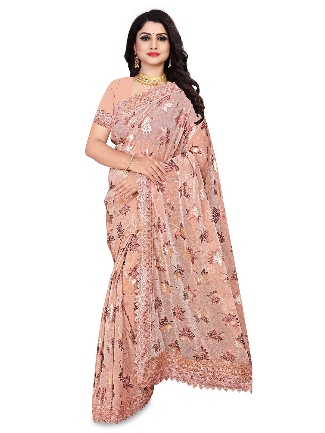 

AVIMOZ Floral Embroidered Saree, Orange