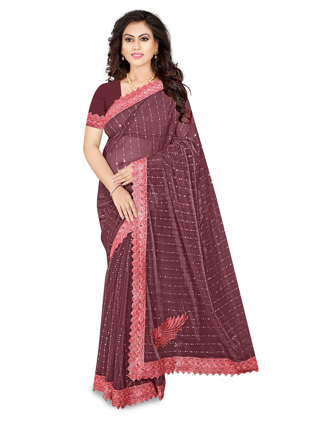 

AVIMOZ Embellished Beads & Stones Saree, Maroon