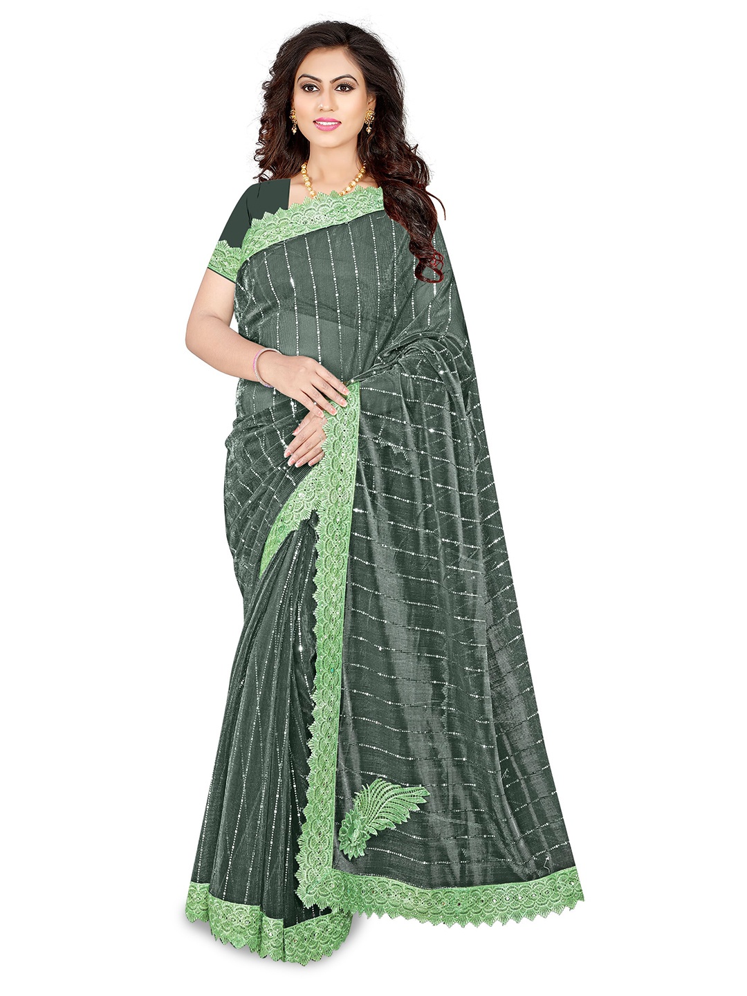 

AVIMOZ Striped Embellished Beads and Stones Saree, Green